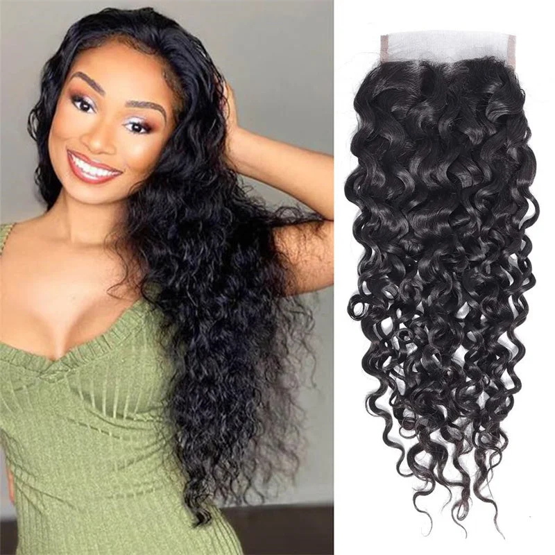 Water Wave 4x4 Lace Closure Human Hair Virgin Human Hair Swiss Lace Closures Natural Black Color For Women