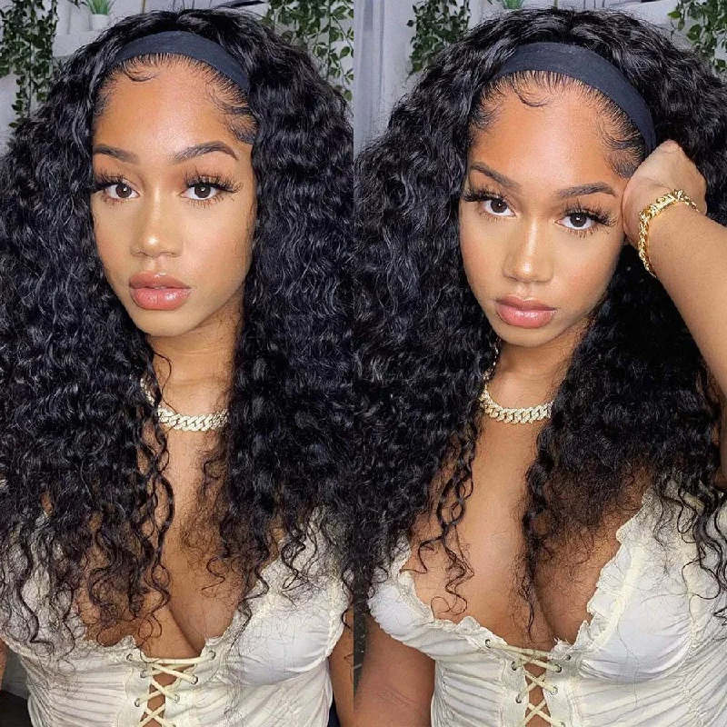 Curly Wave Headband Wig Human Hair Brazilian Deep Wave Machine Made Wigs With Head Band No Glue Scarf Wig