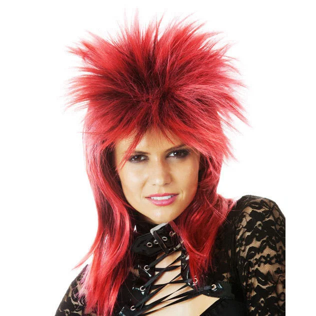 80s Spiky Punk Mullet Wig Red and Black