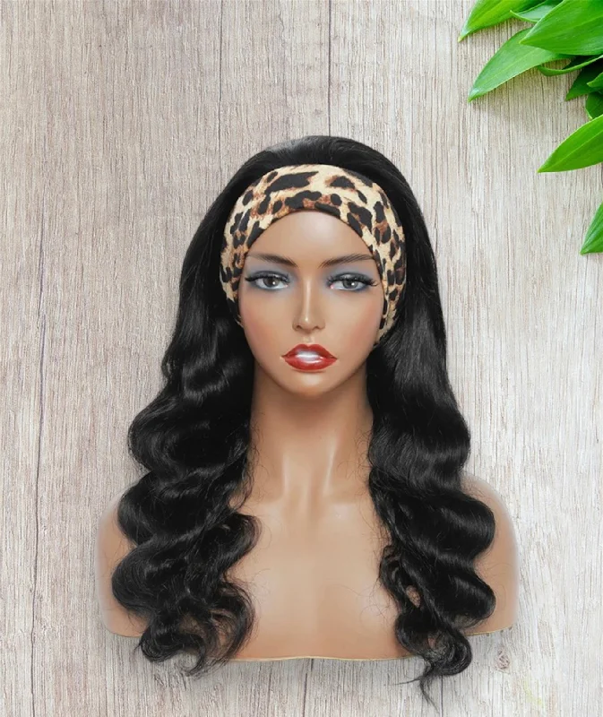 Body Wave Headband Wig 100% Human Hair Wig 180% Density Glueless Natural Black