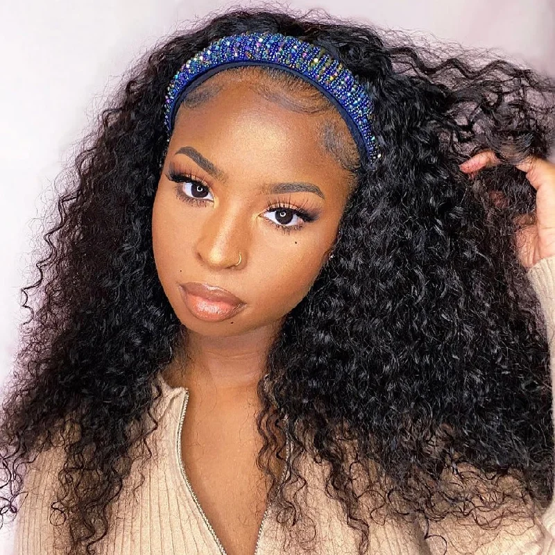 Cranberry Beginner Lazy Girl Friendly Jerry Curly Human Hair Wig Headband Glueless Wig 180% Density