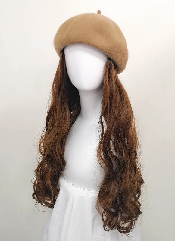 Camel Beret With Wavy Brown Hair Attached CW002