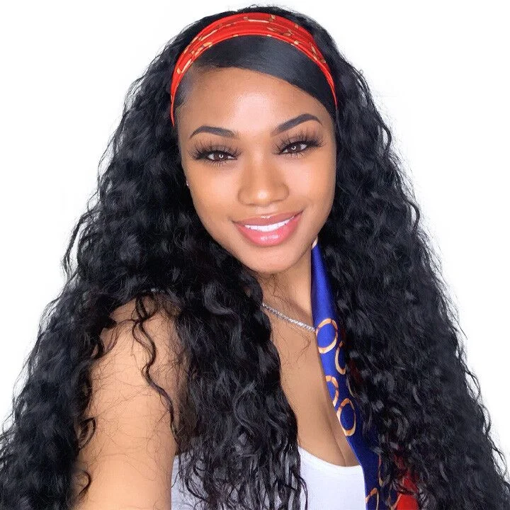 CLEOPATRAA Glueless Headband Wigs Human Hair Water Wave Wigs 100% Unprocessed Brazilian Remy Hair