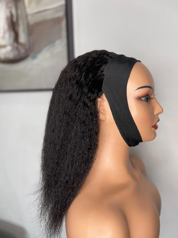 Kinky Straight Headband Wig 100% Human Hair Wig 180% Density Glueless Natural Black