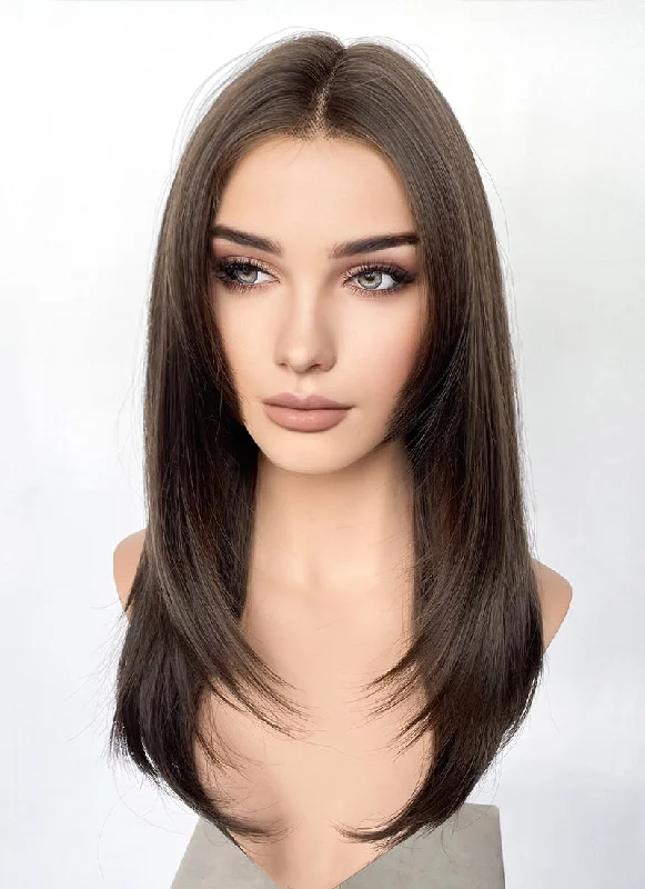 Brunette Curtain Bangs Straight Hush Layered Cut Lace Front Synthetic Hair Wig LF3324