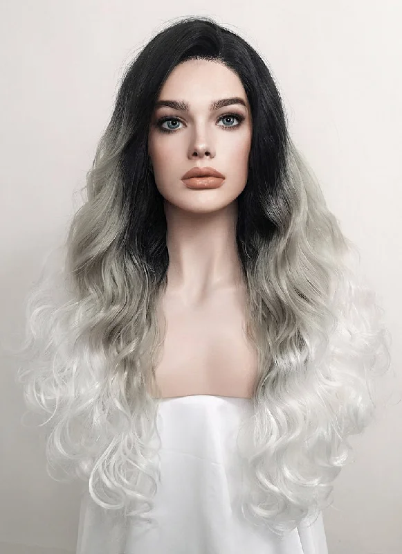 Wavy Black Grey White Ombre Lace Front Synthetic Wig LF781