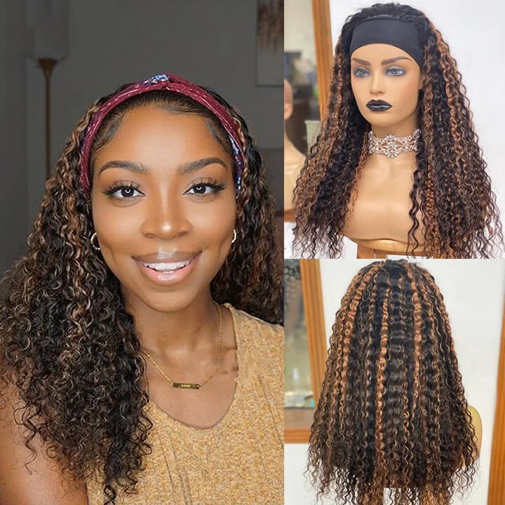 Mixed Color Highlight Deep Curly Headband Human Hair Wigs For Black Women (GET FREE TRENDY HEADBAND)