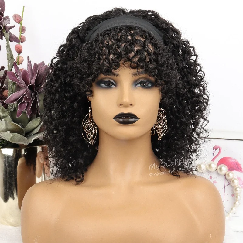 Natural Curly With Bangs Virgin Human Hair Headband Wigs [HW36]