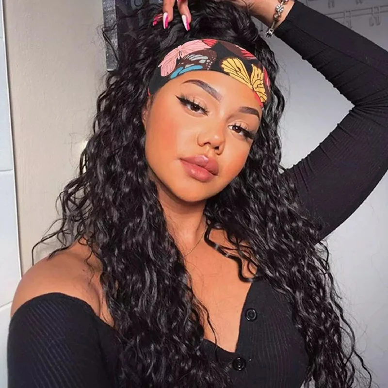 Peruvian Human Hair Black Color Curly Wavy Headband Wig