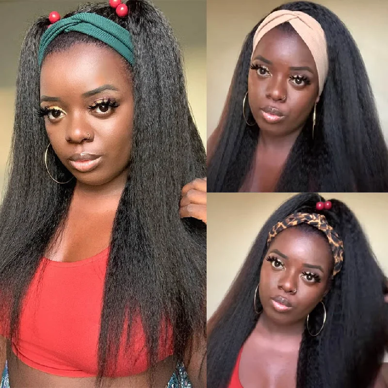 Peruvian Human Hair Black Color Yaki Headband Wig