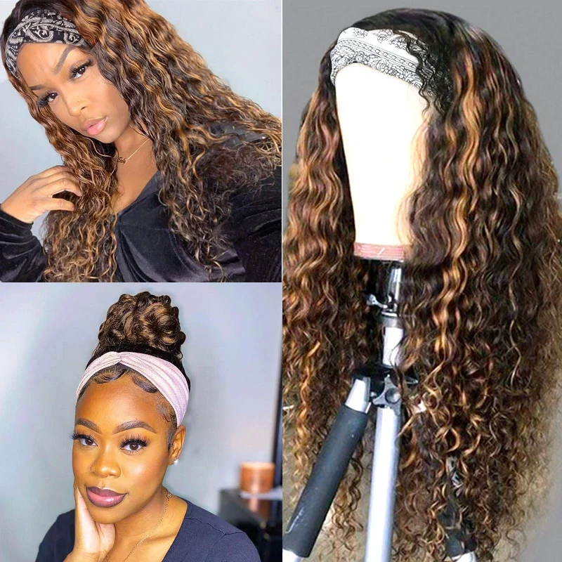 Peruvian Human Hair Brown with Black Color Curly Headband Wig