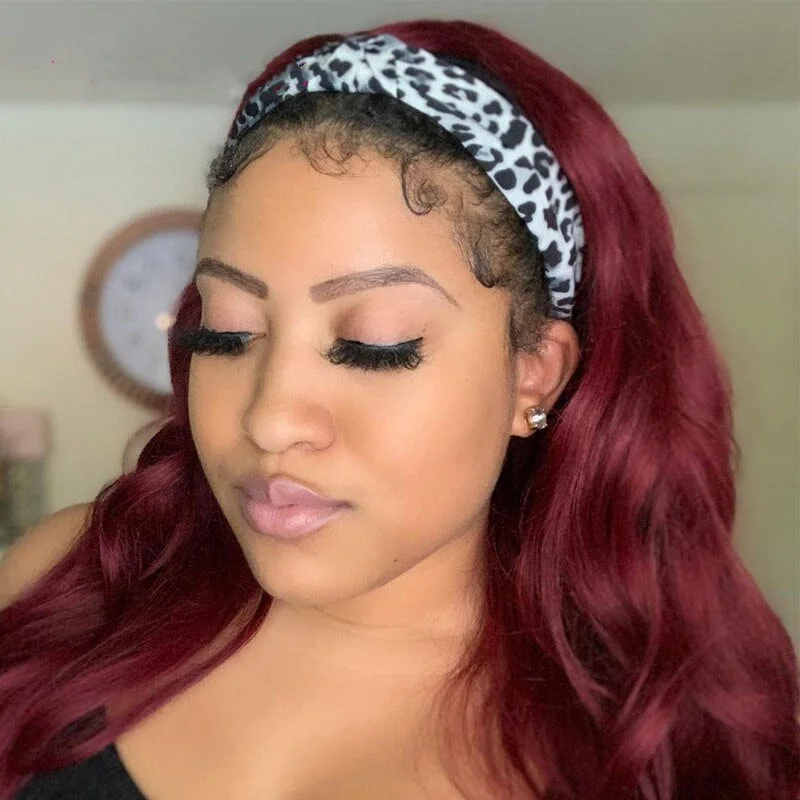 Peruvian Human Hair Burgundy Color Body Wavy Headband Wig