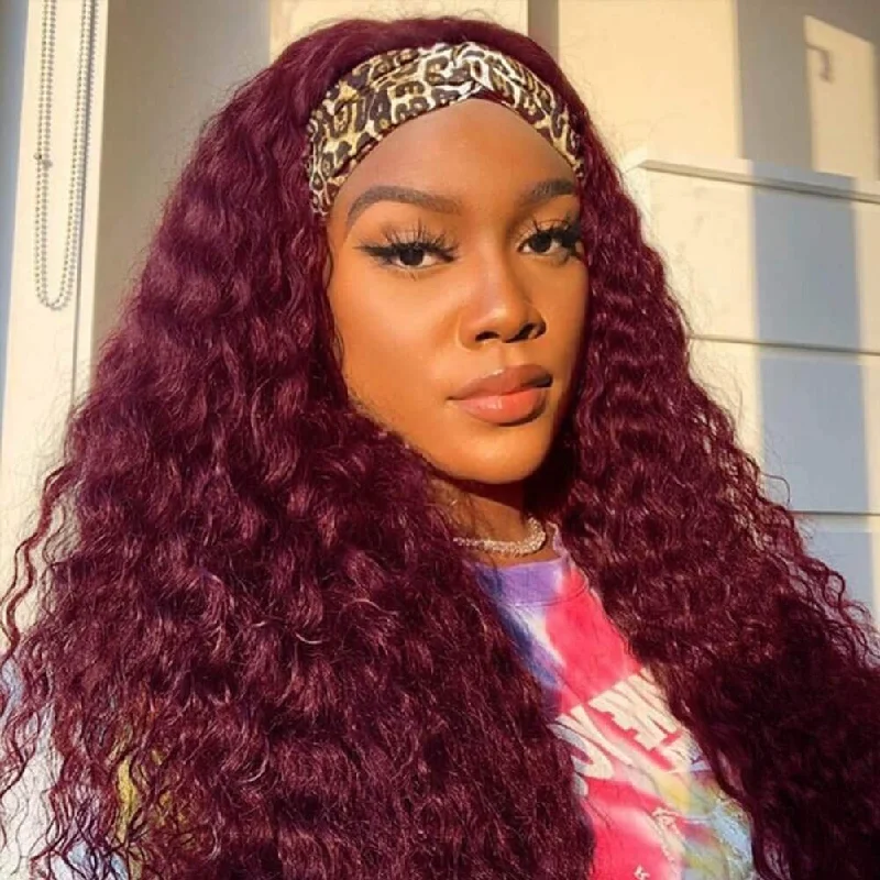 Peruvian Human Hair Burgundy Color Curly Wavy Headband Wig