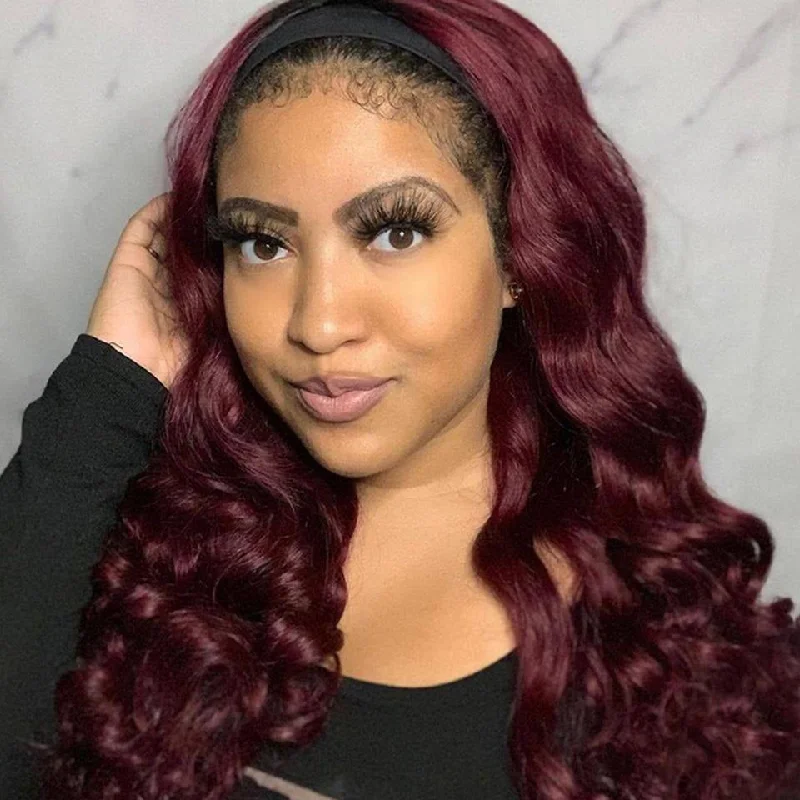 Peruvian Human Hair Burgundy with Black Root Color Body Wavy Headband Wig