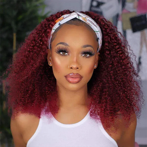 Reshine Hair Burgundy Color Kinky Curly Headband Wig Curly Hair 180% Density Human Hair Wigs Glueless Half Wig