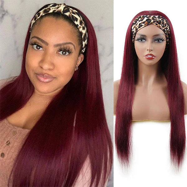 Reshine Hair 99j Burgundy Color Straight Human Hair Wigs 180% Density Glueless Head Band Wigs