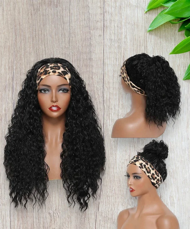 Water Wave Headband Wig 100% Human Hair Wig 180% Density Glueless Natural Black