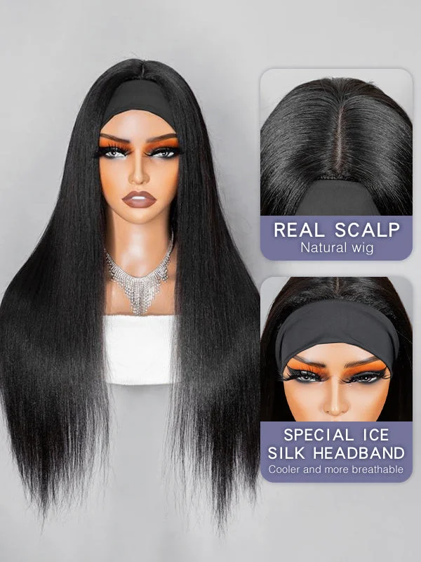 Wavymy Yaki Straight Headband Wig Real Scalp Ice Silk Headband 100% Virgin Human Hair Pre-attached Scarf Glueless Wig