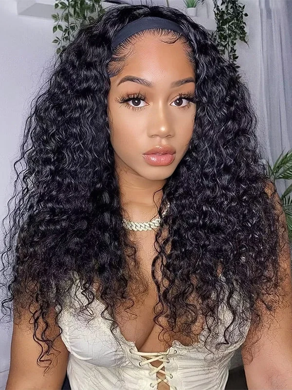 Wavymy Water Wave Headband Wig 100% Virgin Human Hair Pre-attached Scarf Natural Color Glueless Wig  Long Headband Wig Fashion