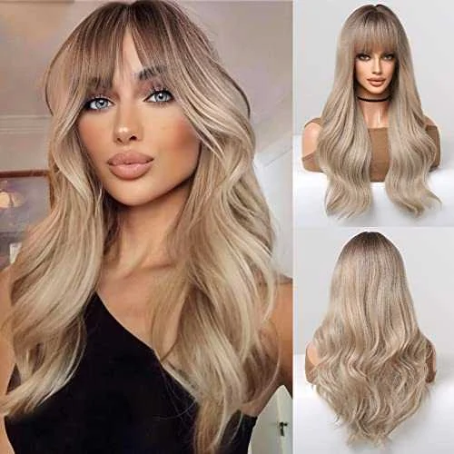 Beige Blonde Long Wavy Wig with bangs