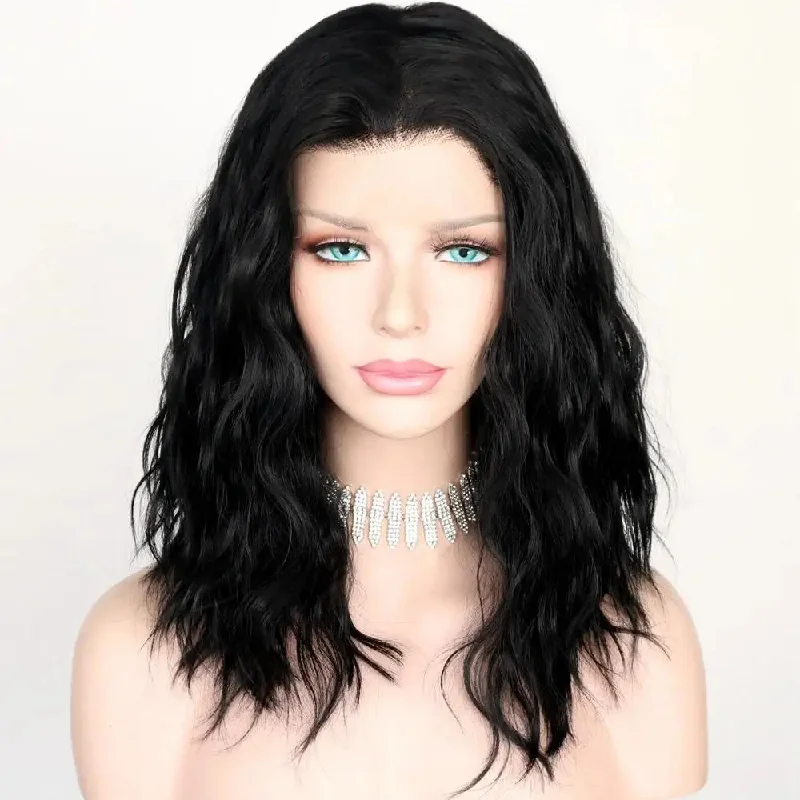 Black Wavy Middle Parting Hand Tied Glueless Heat Resistant Synthetic Lace Front Wig