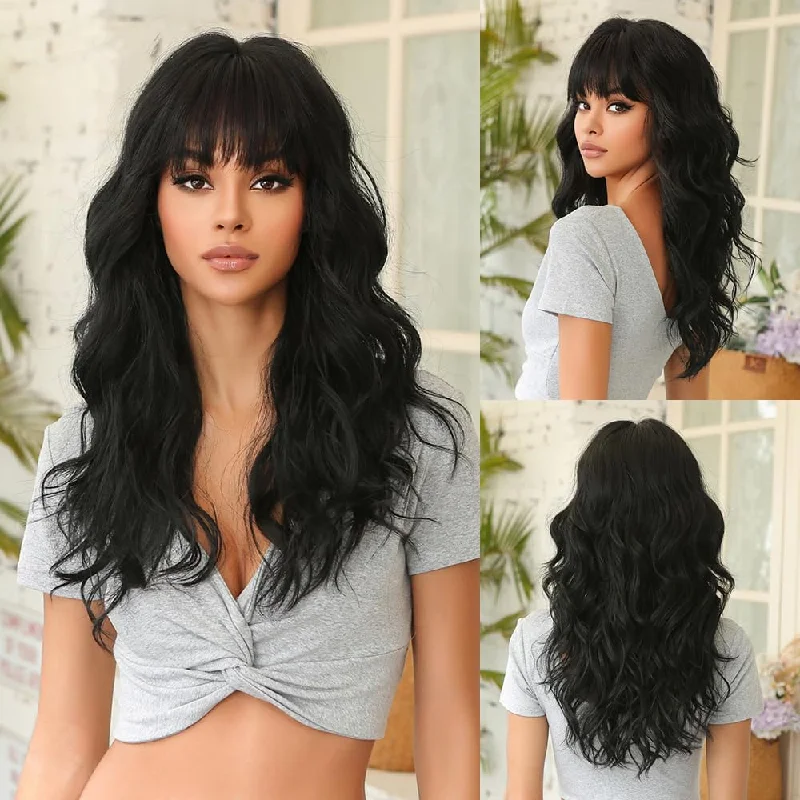 Long Wavy Black Wig Heat Resistant Wigs with Bangs