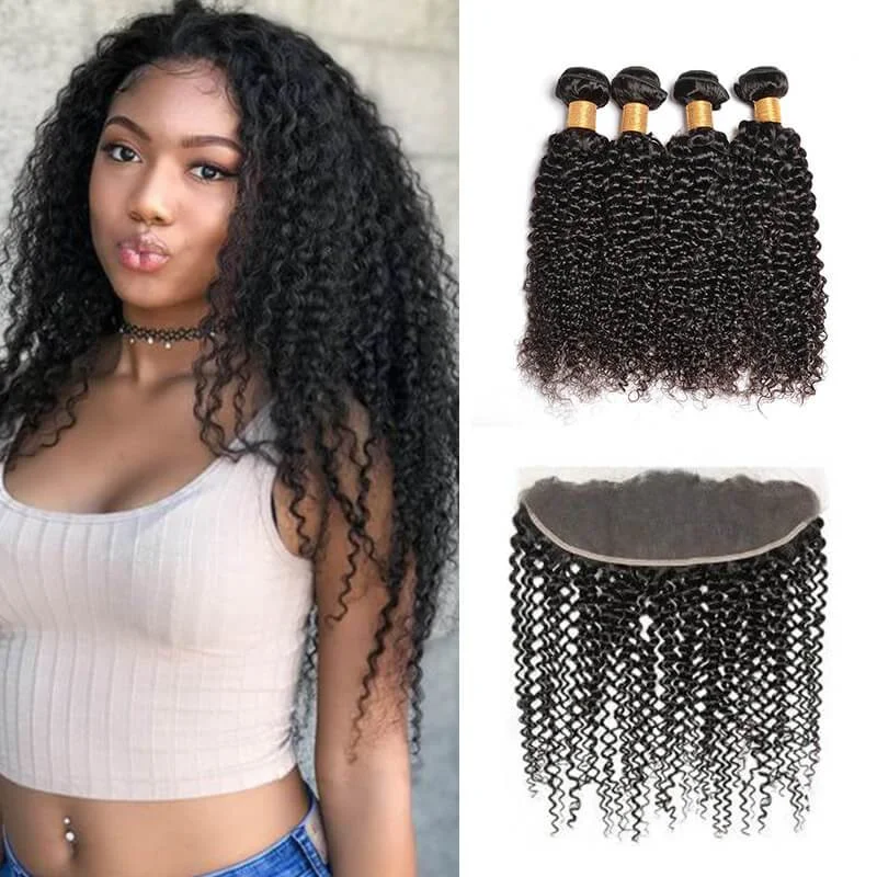 Wavymy Virgin Human Hair Weave Kinky Curly 4 Bundles with 13x4 Lace Frontal