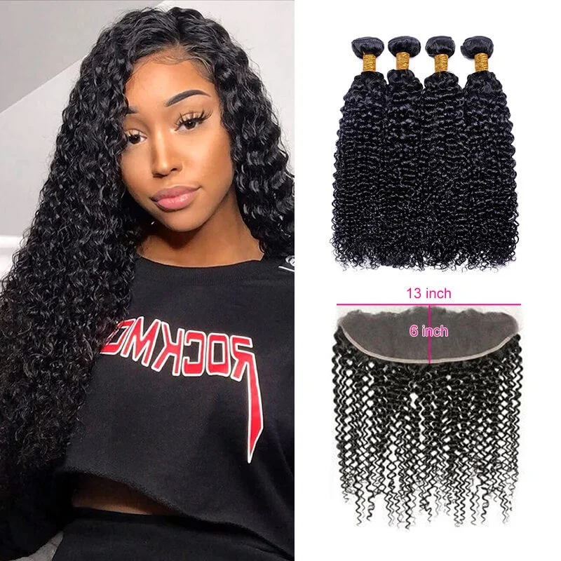 Wavymy Virgin Human Hair Kinky Curly 4 Bundles With 13x6 Lace Frontal Virgin Human Hair