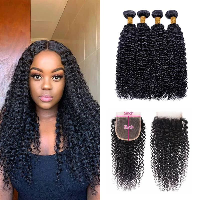 Wavymy Virgin Human Hair Weave Kinky Curly 4 Bundles with 5x5 Lace Closure