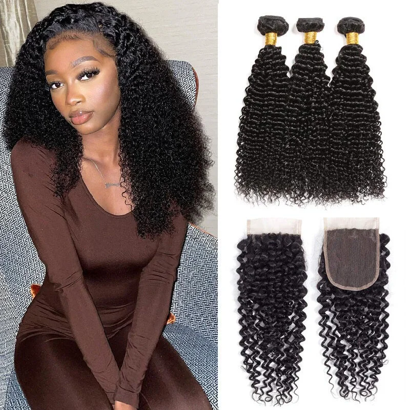 Wavymy Kinky Curly 3 Bundles With 5x5 Lace Closure Human Hair